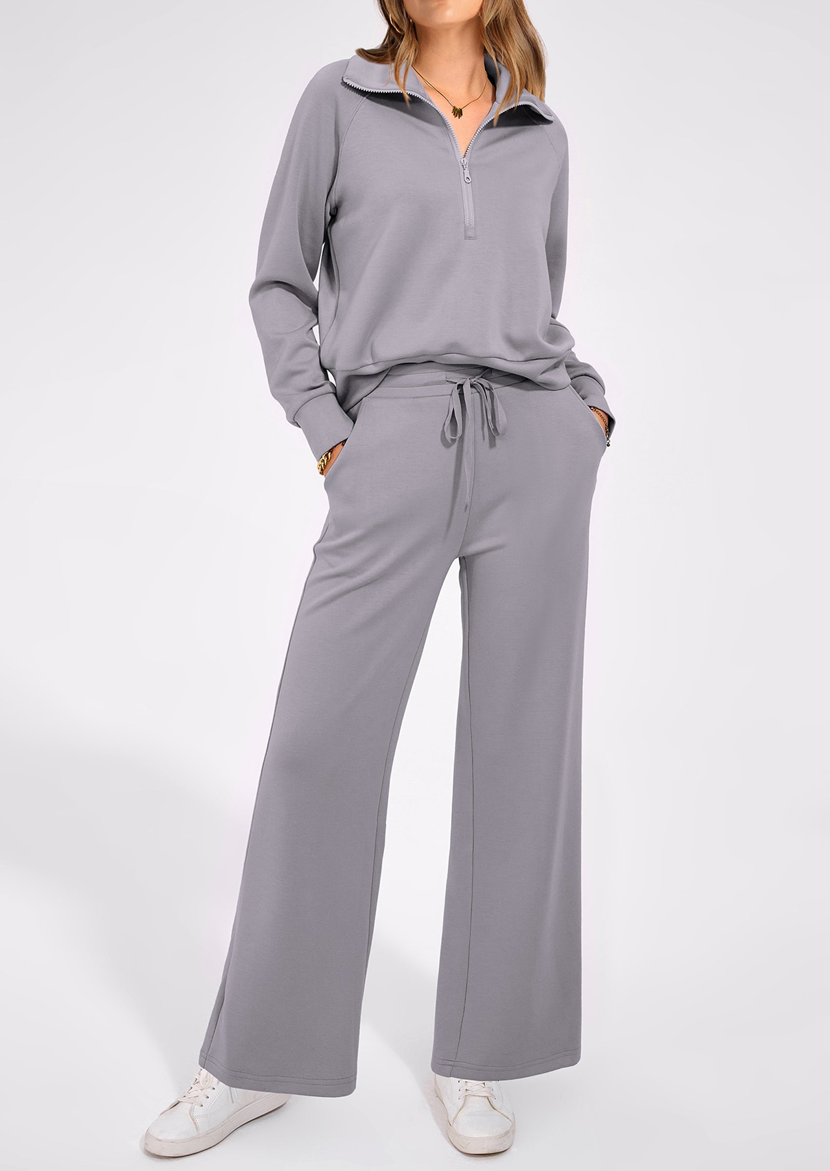 PRETTYGARDEN Women's 2 Piece Outfits Casual Lapel Half Zip Sweatshirts And Wide Leg Pants Tracksuit Sets