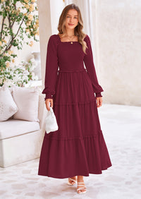 PRETTYGARDEN Fall Wedding Guest Dresses for Women Long Sleeve Square Neck Tiered A Line Modest Elegant Flowy Dresses