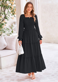 PRETTYGARDEN Fall Wedding Guest Dresses for Women Long Sleeve Square Neck Tiered A Line Modest Elegant Flowy Dresses