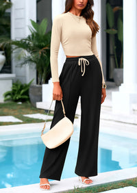 PRETTYGARDEN Women's 2 Piece Loungewear Long Sleeve Crop Top Wide Leg Palazzo Pants Set Tracksuits Casual Outfit