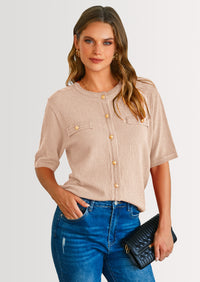 PRETTYGARDEN Women's Summer Button Down Shirts Casual Short Sleeve Crew Neck Ribbed Knit Blouse Top Cardigans