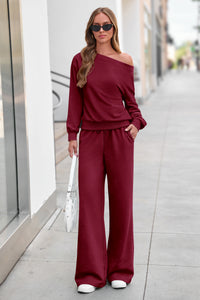PRETTYGARDEN Womens 2 Piece Casual Matching Lounge Sets  Fashion Off the Shoulder Sweatshirt, Wide Leg Pants with Pockets, Comfy Airport Travel Outfit, 2026 Trendy Fall Set
