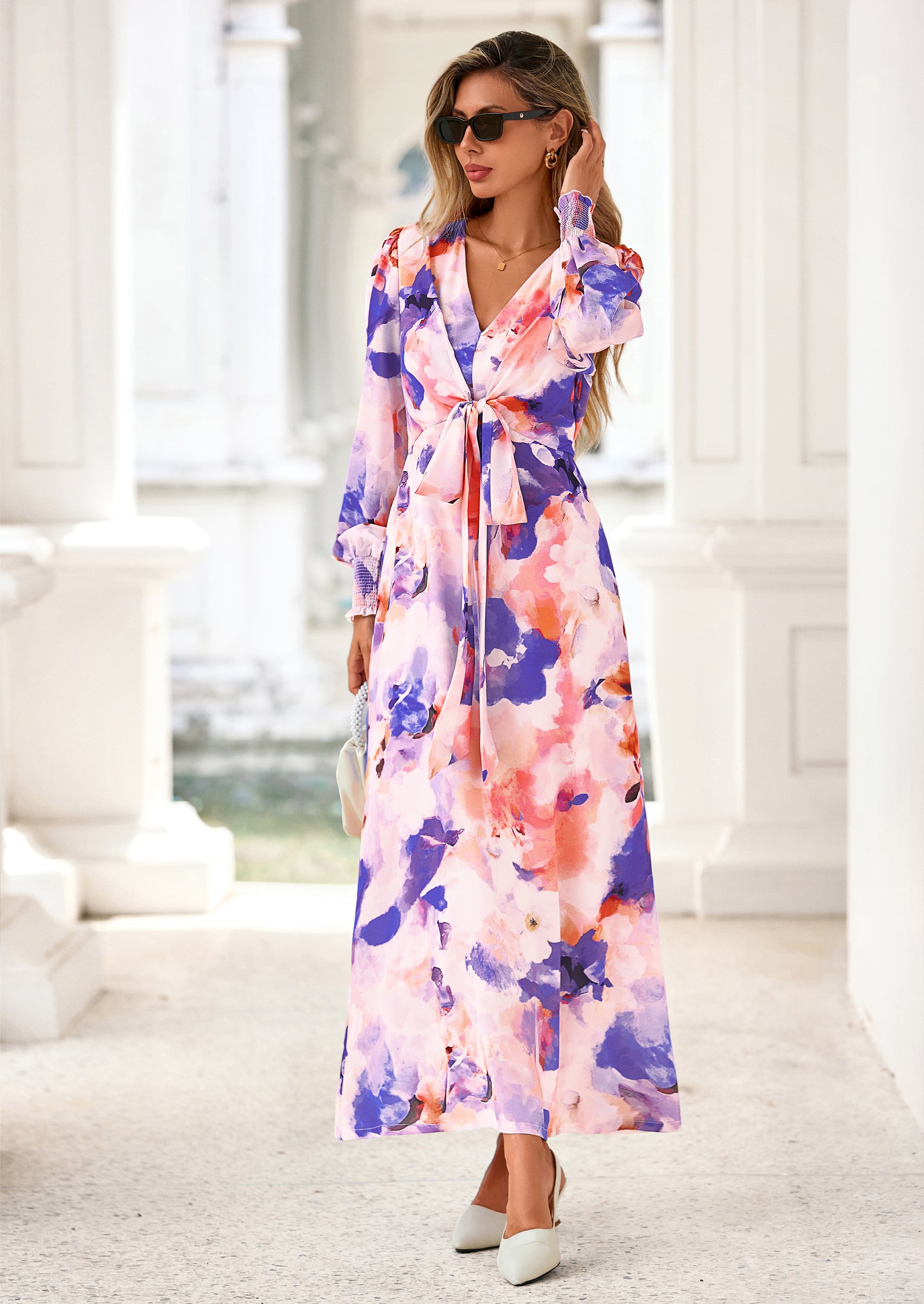 PRETTYGARDEN Women's Fall Boho Maxi Dress Floral Long Sleeve V Neck Flowy Belted Elegant Holiday Party Dresses