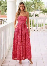 PRETTYGARDEN Womens Boho Maxi Dress Summer Floral Tube Strapless Spring Wedding Guest Cocktail Long Dresses