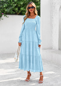 PRETTYGARDEN Fall Wedding Guest Dresses for Women Floral Long Sleeve Smocked Tiered Elegant Long Flowy Boho Dress