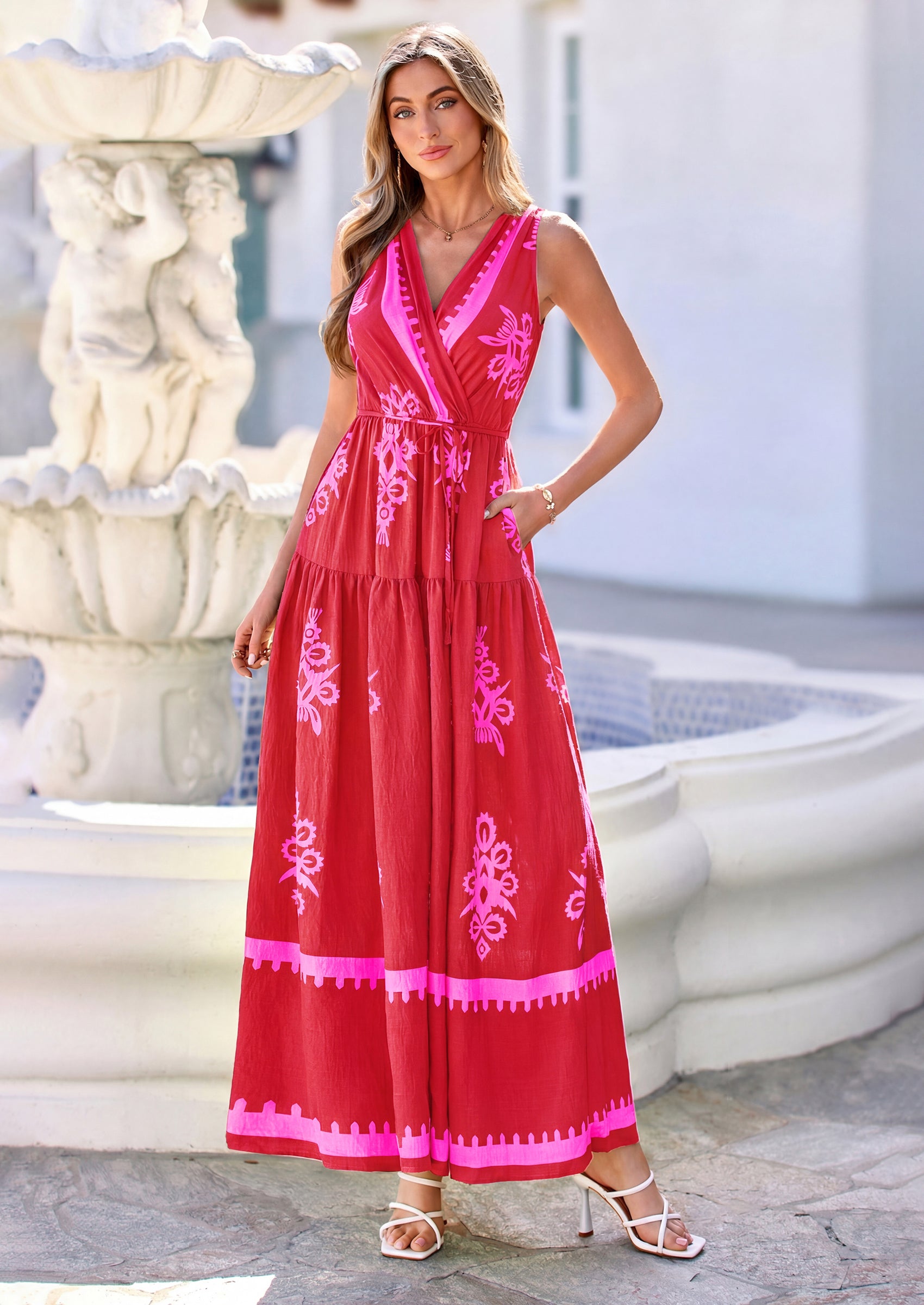 PRETTYGARDEN Womens Floral Maxi Dress Sleeveless Vneck Belt Ruffle Long Dresses Boho Summer Beach Vacation Clothes