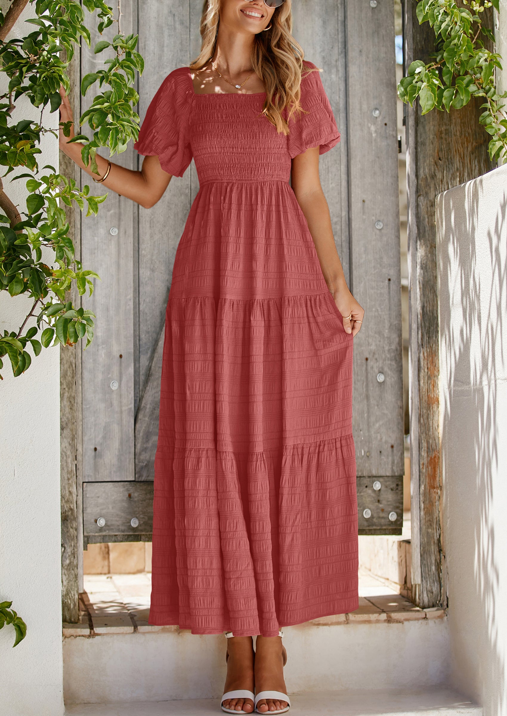 PRETTYGARDEN Womens Summer Puff Short Sleeve Maxi Dress Square Neck Smocked Tiered Ruffle A Line Long Flowy Beach Dresses