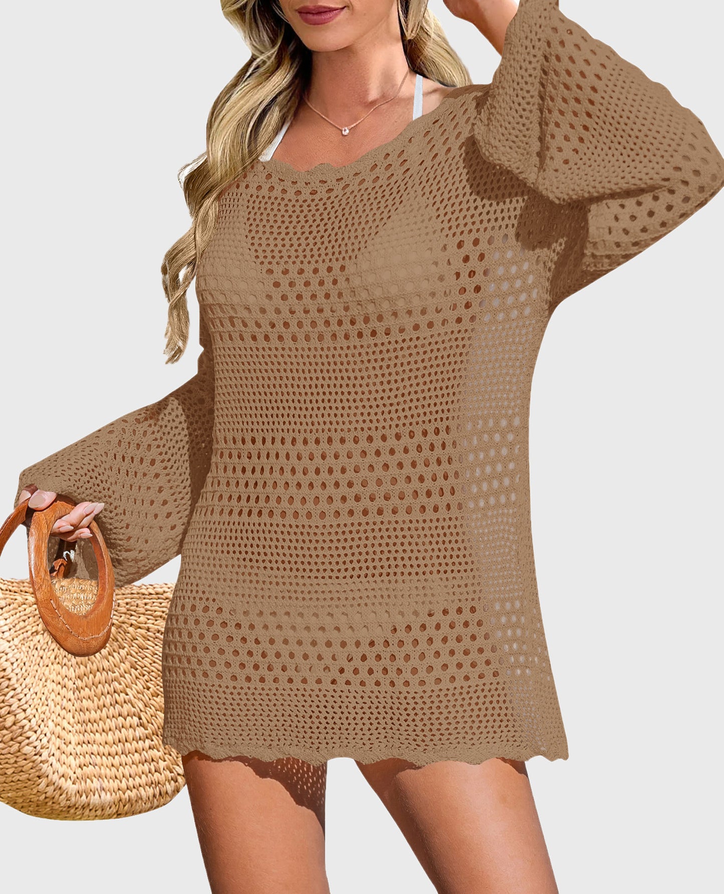 Women's Swimsuit Cover Up Long Sleeve Knit Crochet Bathing Suit Swimwear Beach Dress Summer Vacation Outfits