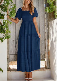 PRETTYGARDEN Womens Summer Puff Short Sleeve Maxi Dress Square Neck Smocked Tiered Ruffle A Line Long Flowy Beach Dresses