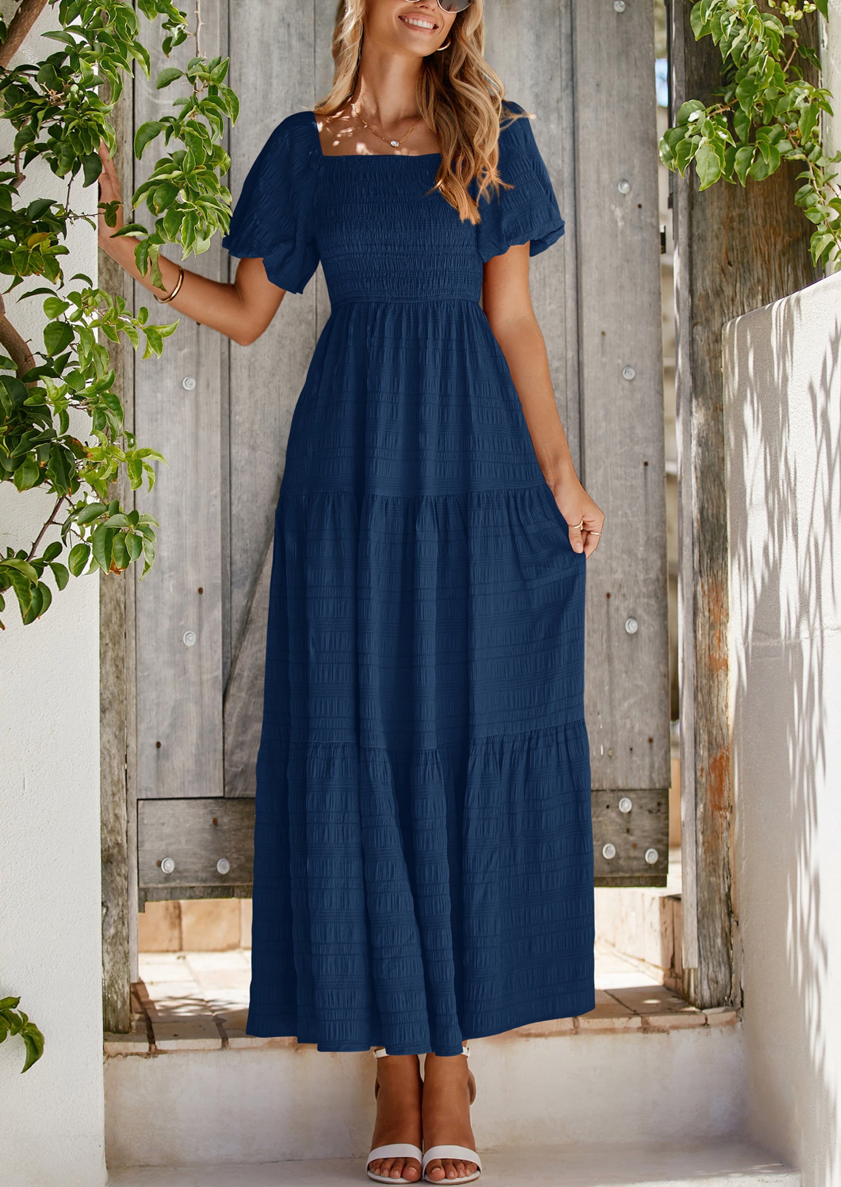 PRETTYGARDEN Womens Summer Puff Short Sleeve Maxi Dress Square Neck Smocked Tiered Ruffle A Line Long Flowy Beach Dresses