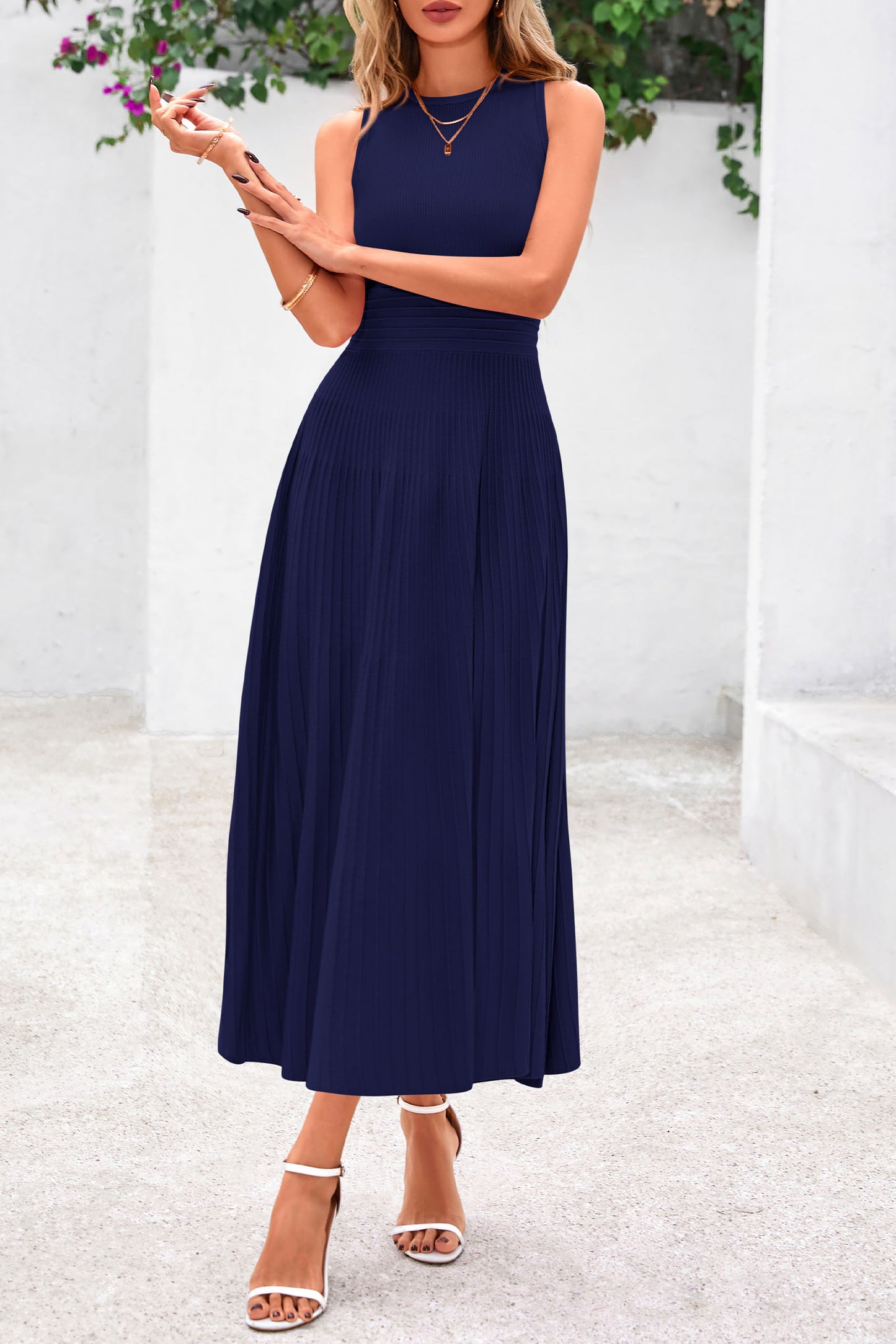 Women's Summer Midi Dresses 2025 Sleeveless Crewneck Knit A Line Pleated Swing Wedding Guest Casual Tank Dress