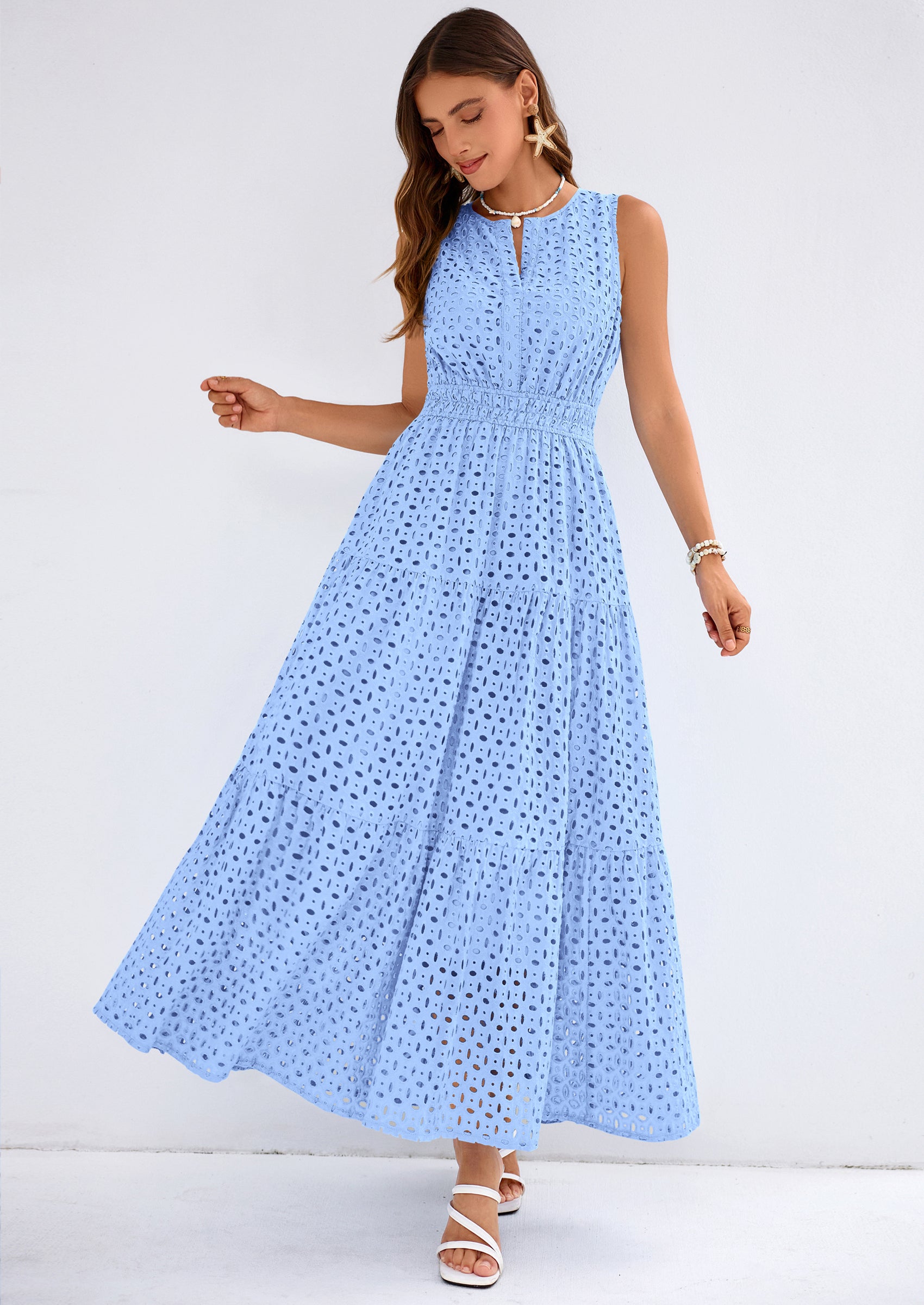 PRETTYGARDEN Summer Dresses for Women Sundresses Sleeveless V Neck Eyelet A Line Flowy Beach Vacation Spring Maxi Dress PRETTYGARDEN