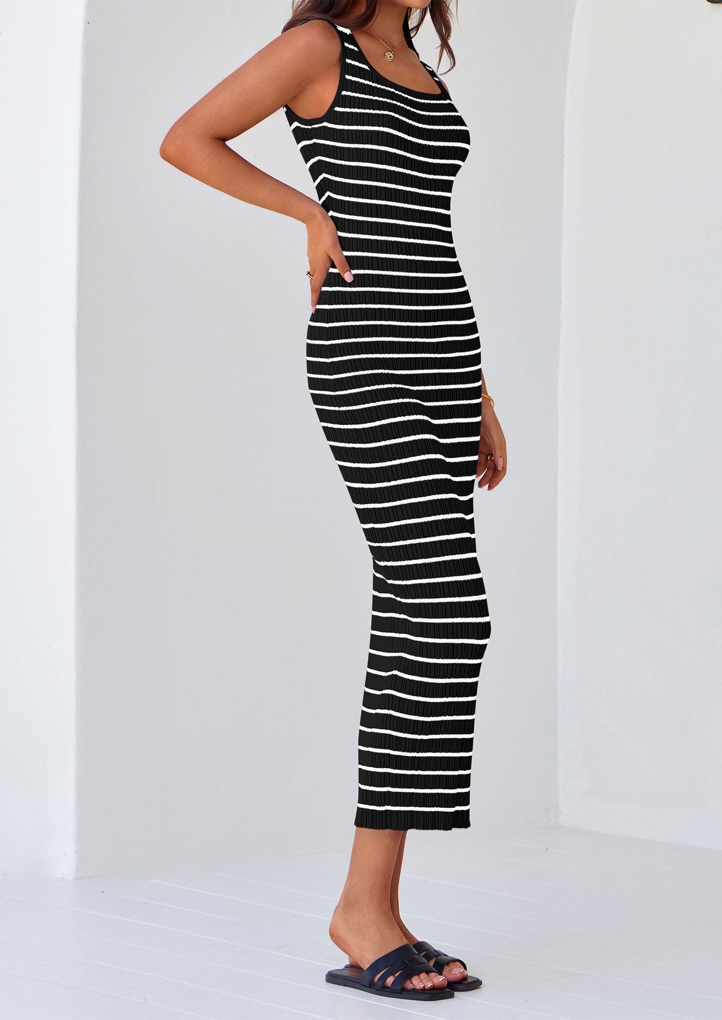 Womens Summer Tank Dress Casual Sleeveless Striped Ribbed Knit Long Dresses Beach Vacation Sundress