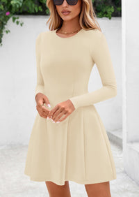 PRETTYGARDEN Long Sleeve Mini Dress for Women Fall Crewneck Knit Pleated Babydoll A Line Soft Casual Short Party Dresses