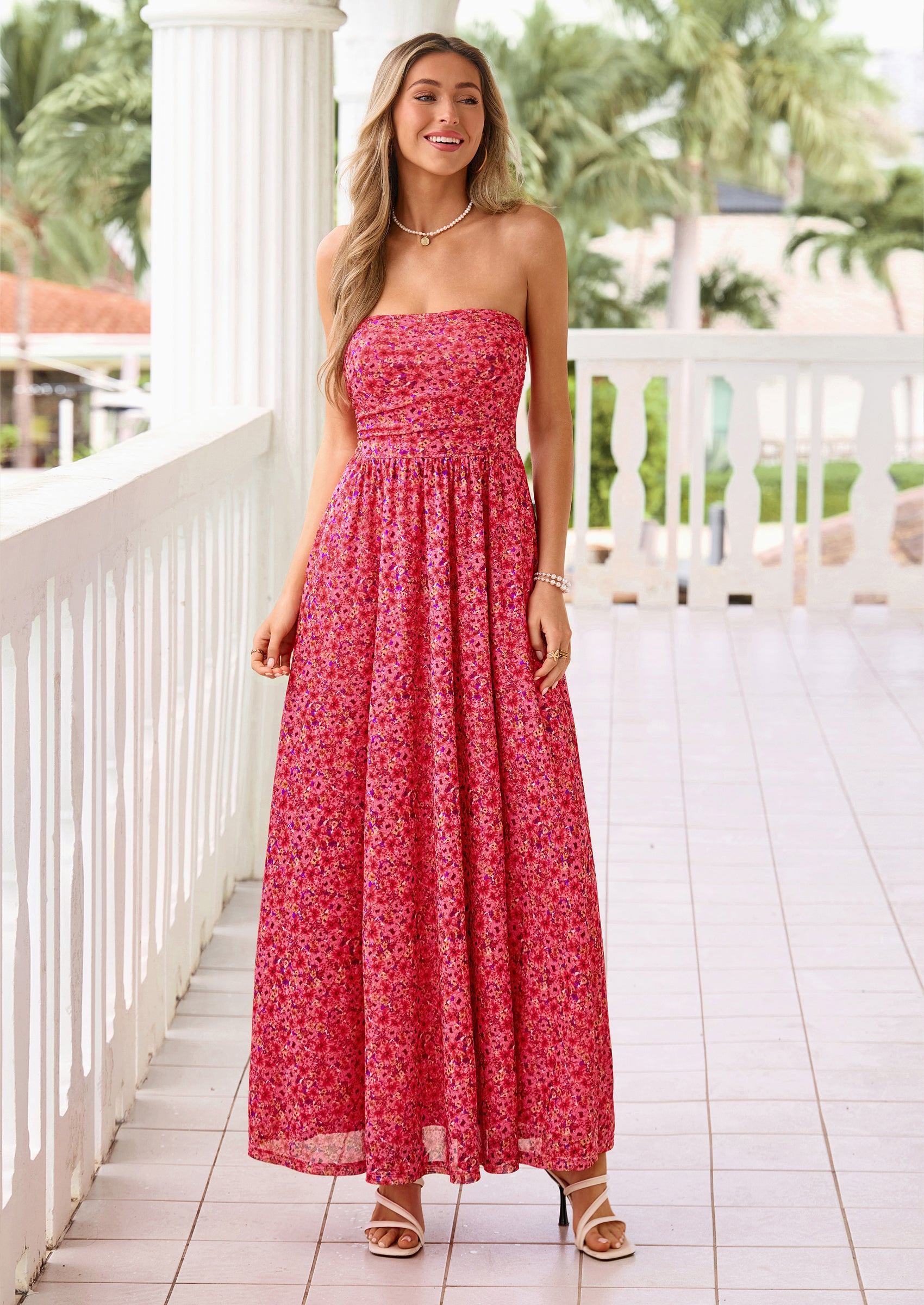 PRETTYGARDEN Womens Boho Maxi Dress Summer Floral Tube Strapless Spring Wedding Guest Cocktail Long Dresses
