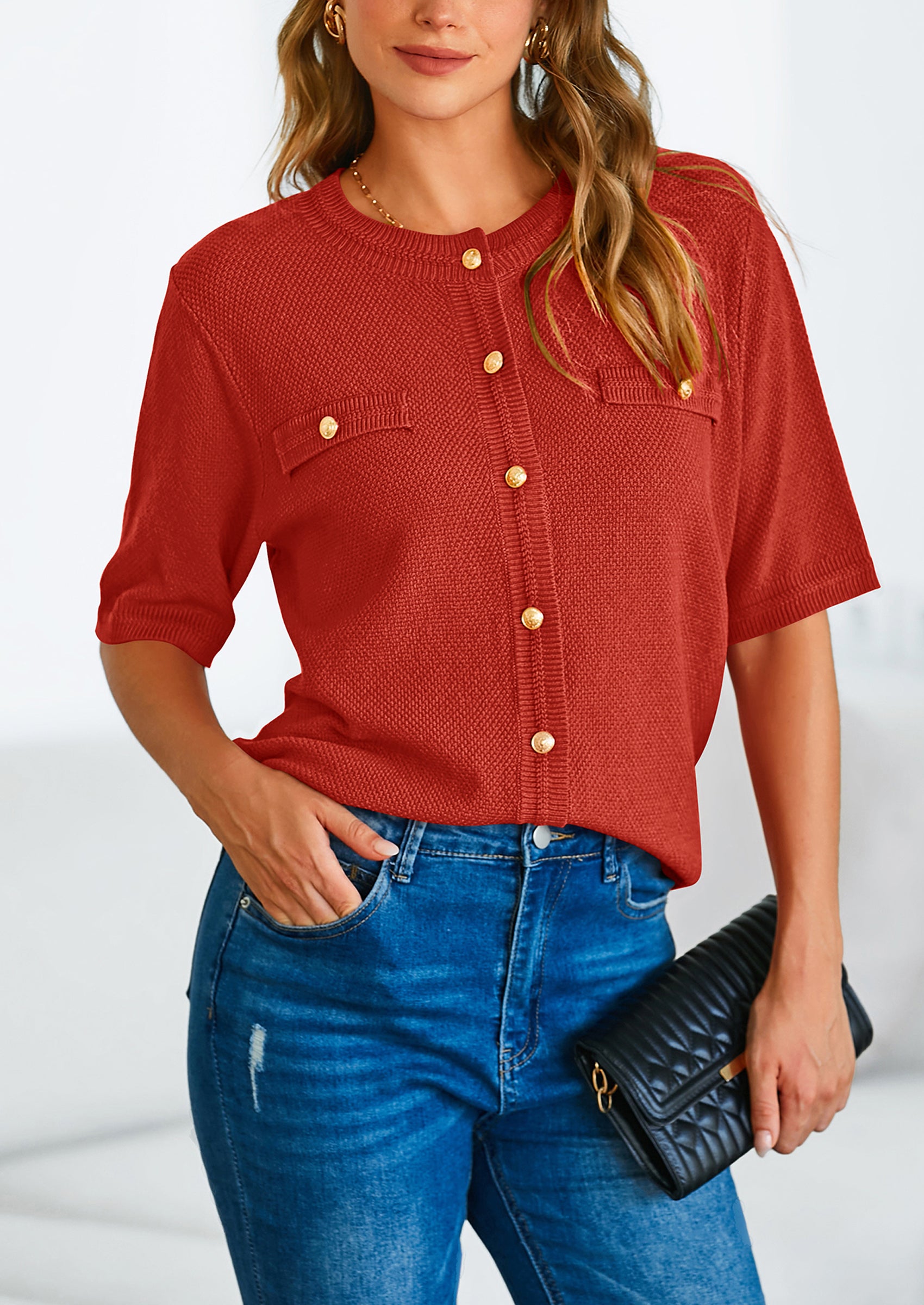 PRETTYGARDEN Women's Summer Button Down Shirts Casual Short Sleeve Crew Neck Ribbed Knit Blouse Top Cardigans