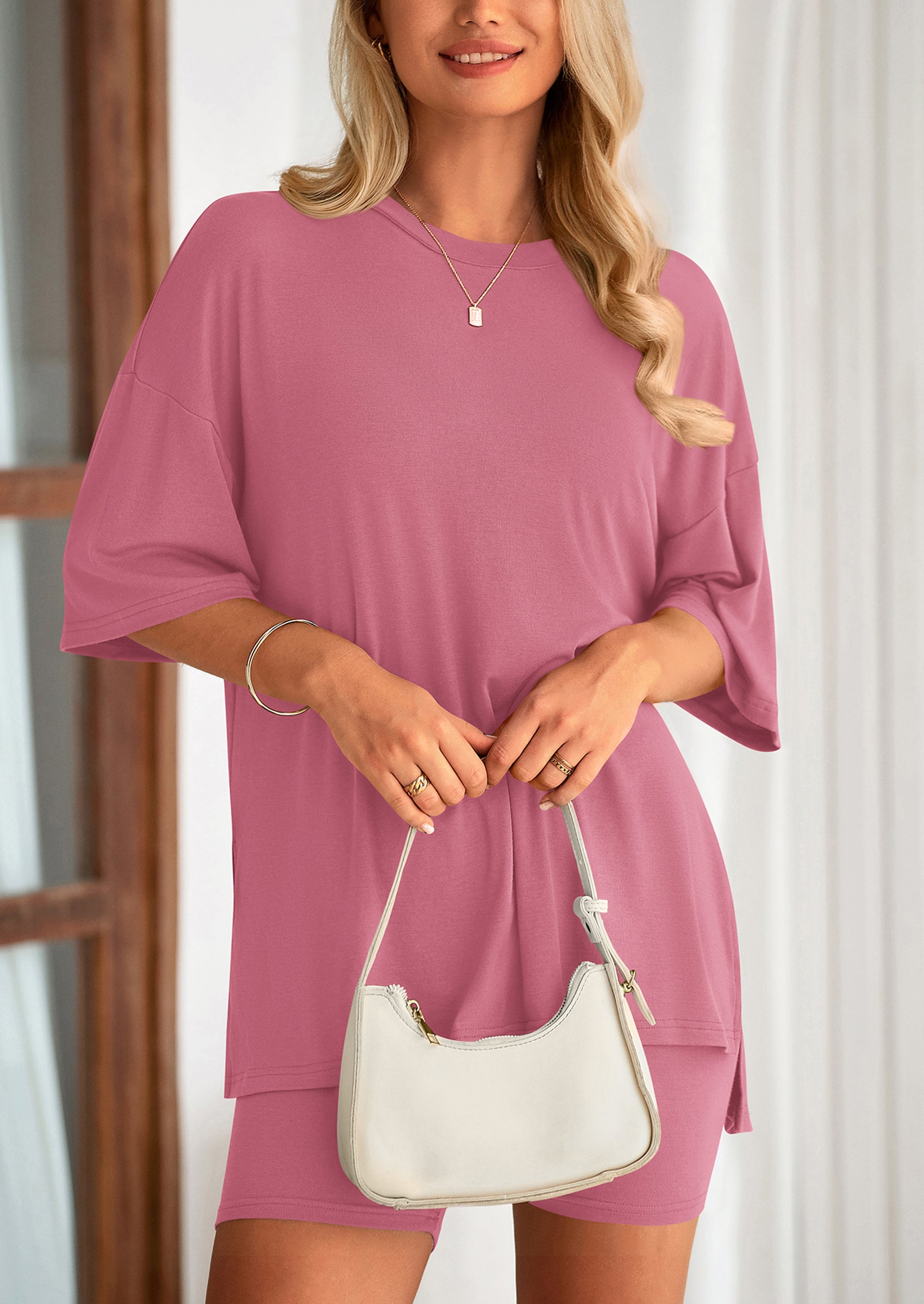 PRETTYGARDEN Women's Two Piece Lounge Set Summer Casual Oversized Shirts Biker Shorts Matching Airport Travel Outfit