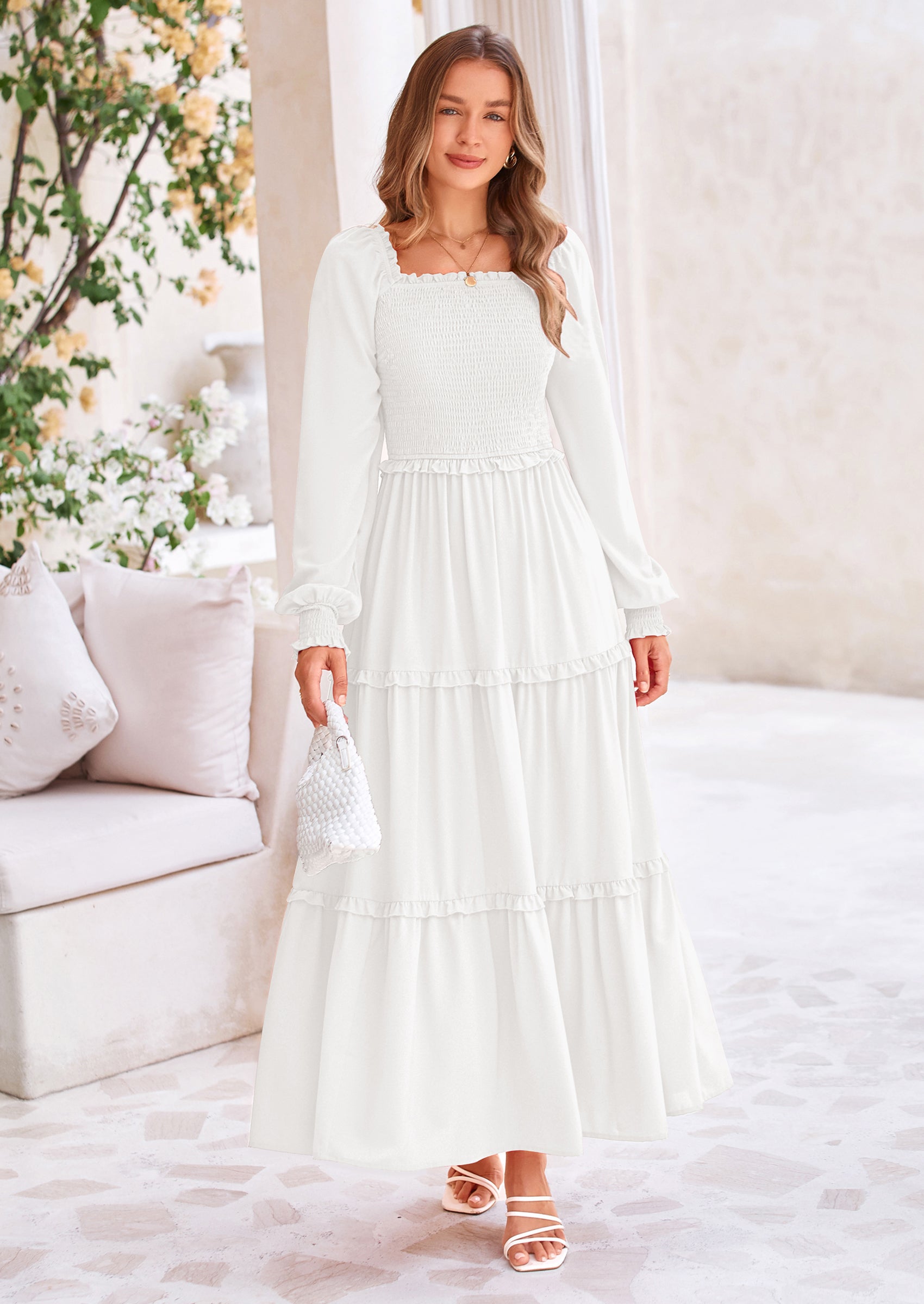 PRETTYGARDEN Fall Wedding Guest Dresses for Women Long Sleeve Square Neck Tiered A Line Modest Elegant Flowy Dresses