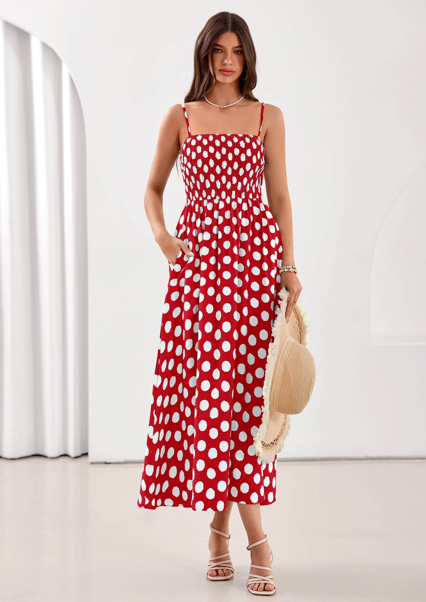 PRETTYGARDEN Womens Summer Dresses Spring Sleeveless Spaghetti Straps Casual Midi Dress Polka Dot Smocked Beach Sundress PRETTYGARDEN