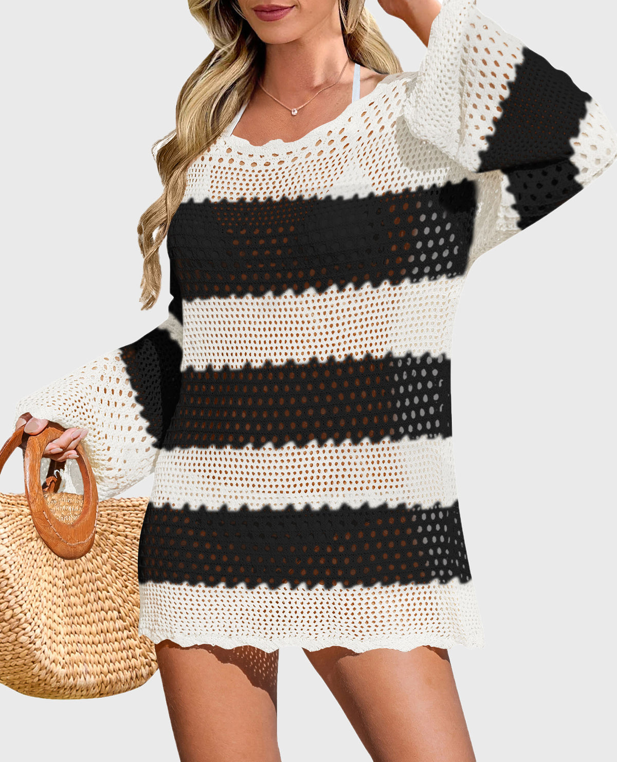 Long Sleeve Knit Crochet Bathing Beach Vacation Cover Up Dresses