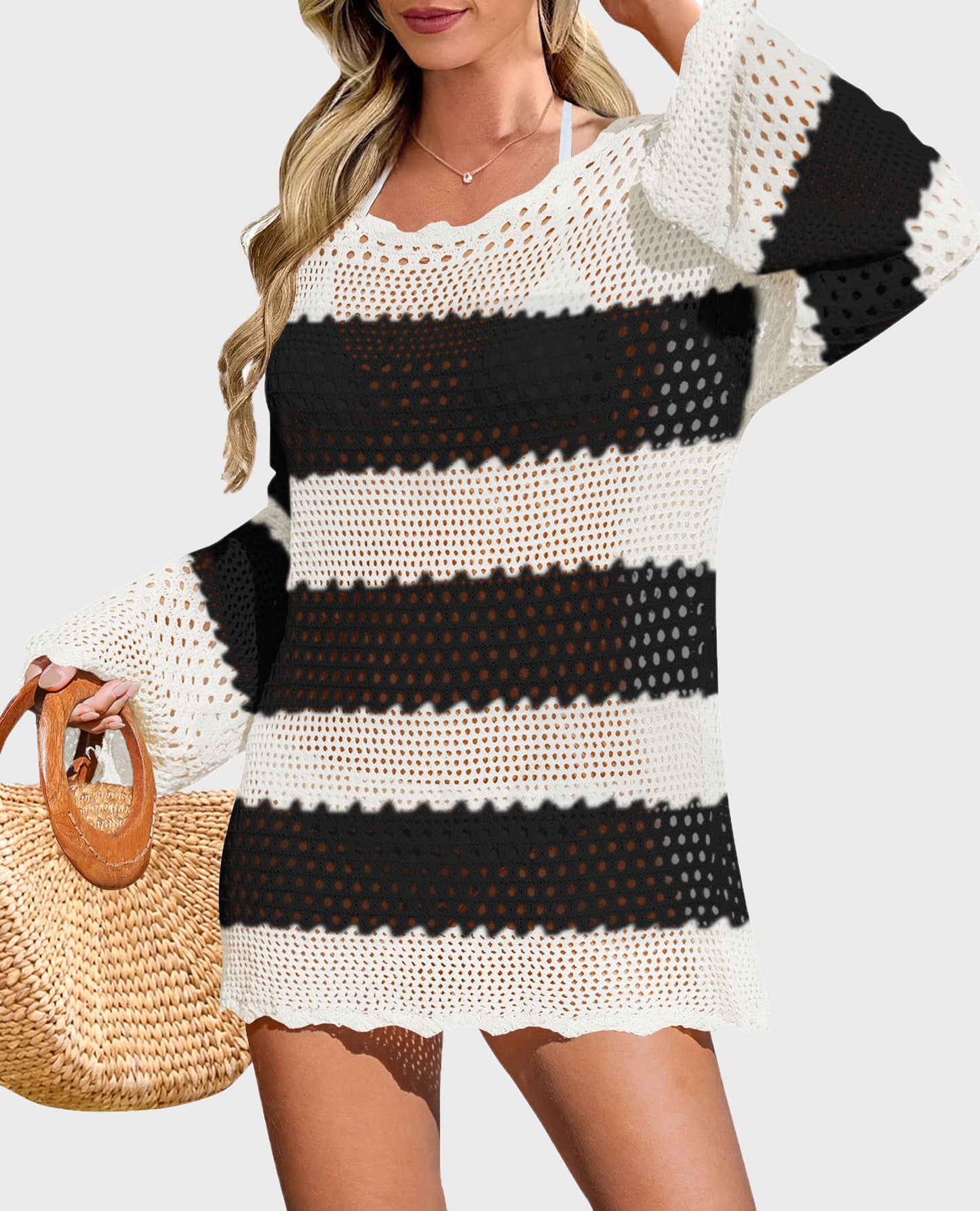 Women's Swimsuit Cover Up Long Sleeve Knit Crochet Bathing Suit Swimwear Beach Dress Summer Vacation Outfits