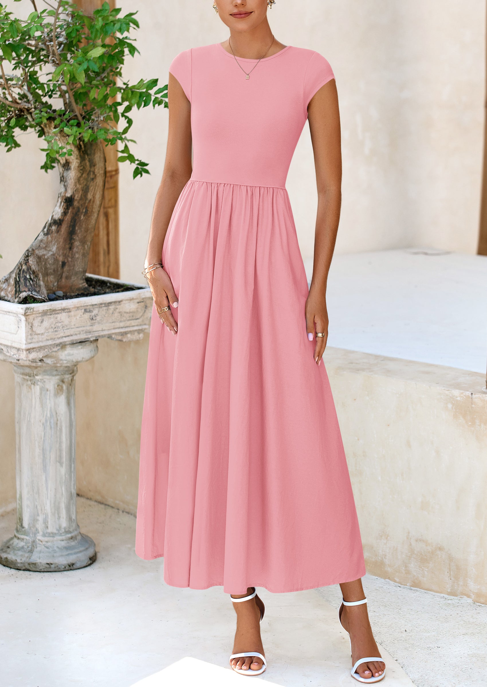 PRETTYGARDEN Women's Casual Long Dresses Cap Sleeve Patchwork A Line Flowy Modest Elegant Homecoming Maxi Dress