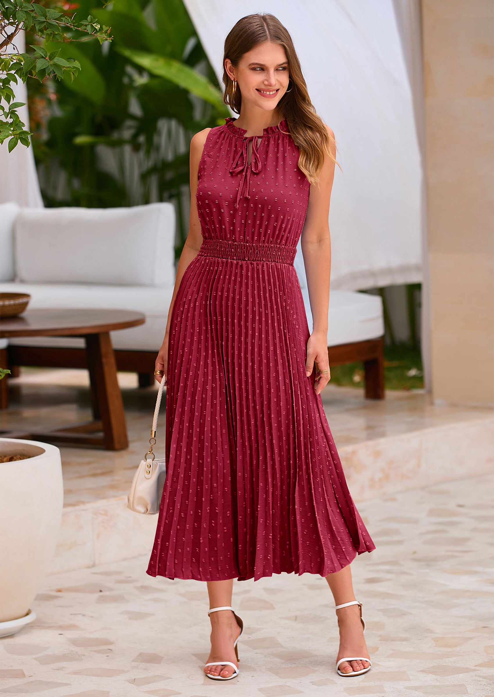 PRETTYGARDEN Women's Midi Summer Dresses Casual V Neck Swiss Dot Ruffle Sleeveless A Line Beach Sun Dress