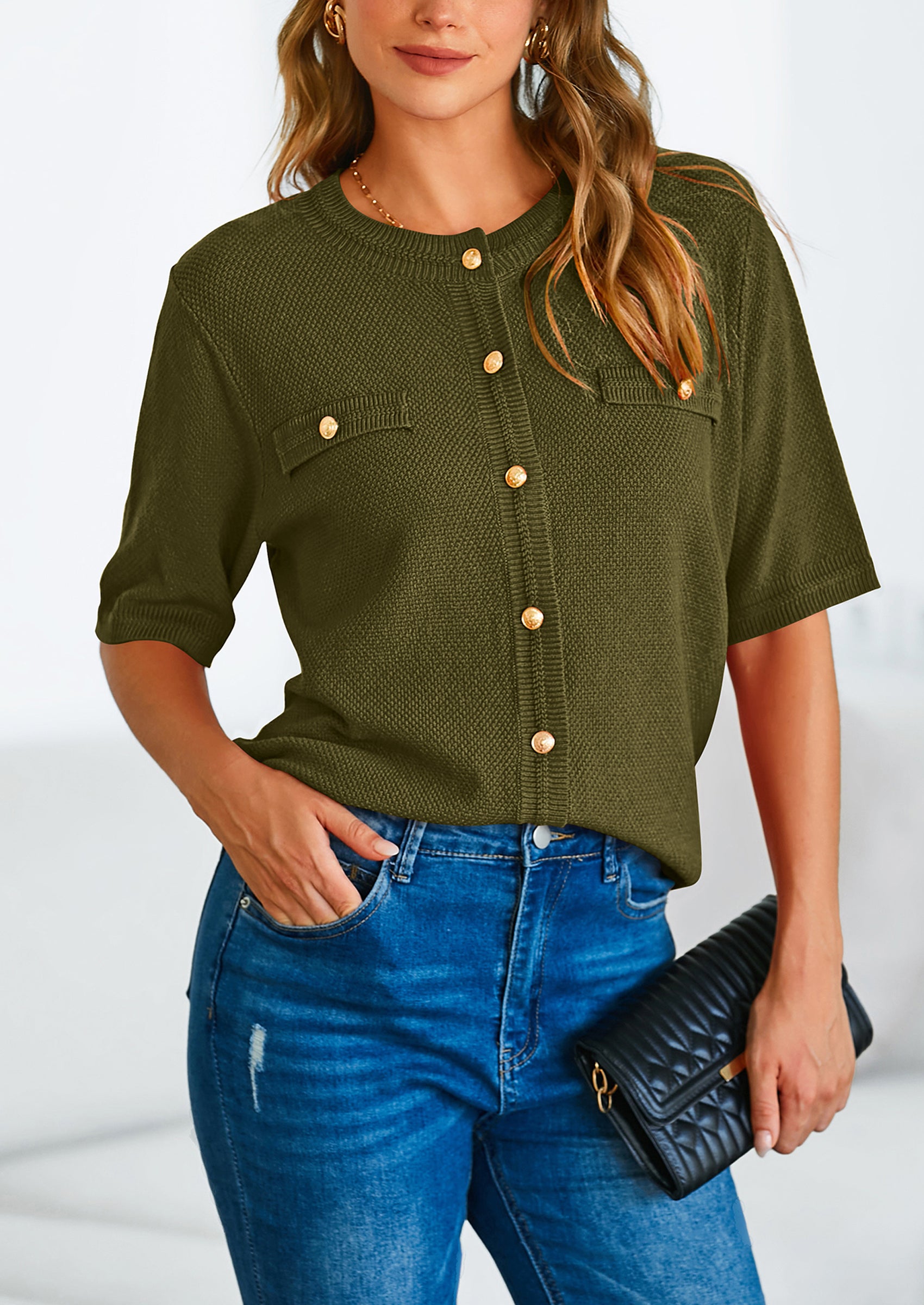 PRETTYGARDEN Women's Summer Button Down Shirts Casual Short Sleeve Crew Neck Ribbed Knit Blouse Top Cardigans