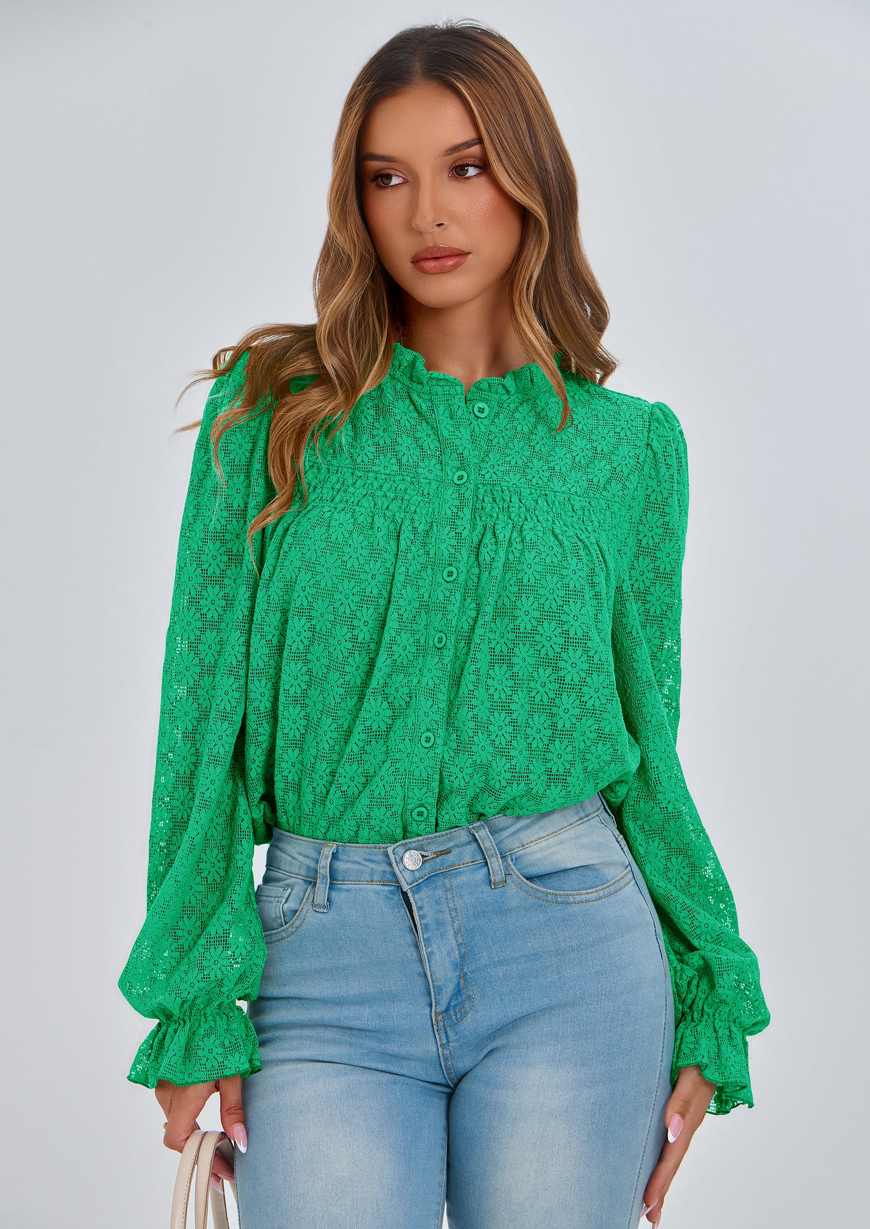 PRETTYGARDEN Lace Long Sleeve Tops for Women Eyelet Blouses Dressy Casual Hollow Out Button Down Shirts Summer Outfits