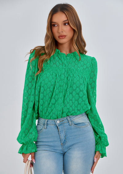 PRETTYGARDEN Lace Long Sleeve Tops for Women Eyelet Blouses Dressy Casual Hollow Out Button Down Shirts Summer Outfits