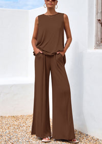 PRETTYGARDEN Women's Two Piece Matching Lounge Sets Asymmetrical Split Tank Tops Wide Leg Pants Summer Outfits Tracksuit