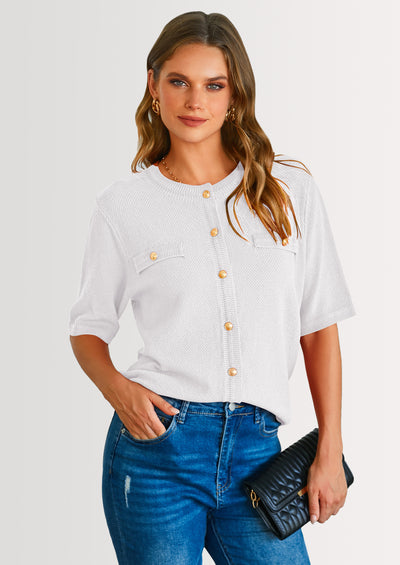 PRETTYGARDEN Women's Summer Button Down Shirts Casual Short Sleeve Crew Neck Ribbed Knit Blouse Top Cardigans