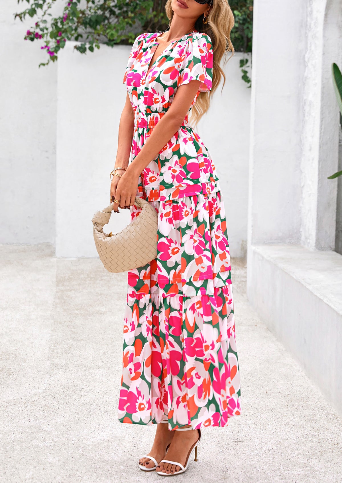 Summer Boho Floral Short Sleeve V Neck A Line Tiered Ruffle Flowy Long Beach Vacation Maxi Dresses