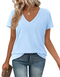 PRETTYGARDEN Women's V Neck T Shirts Summer Short Sleeve Spring Going Out Tops Casual Loose Fit Basic Tees Beach Clothes PRETTYGARDEN