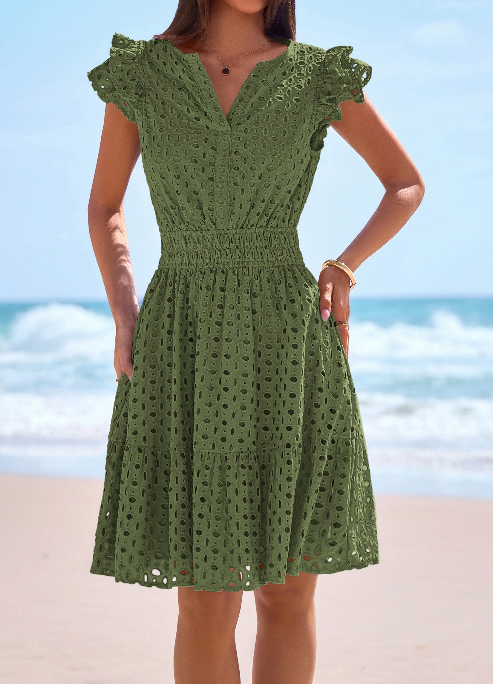 PRETTYGARDEN Women's Summer Sundresses Eyelet Cap Sleeve V Neck Short Boho Wedding Guest Dress Beach Vacation Clothes PRETTYGARDEN