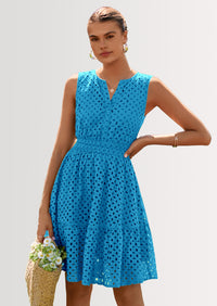 PRETTYGARDEN Women's Summer Dresses Sleeveless V Neck Eyelet Hollow Out Swing A Line Beach Vacation Sun Dress