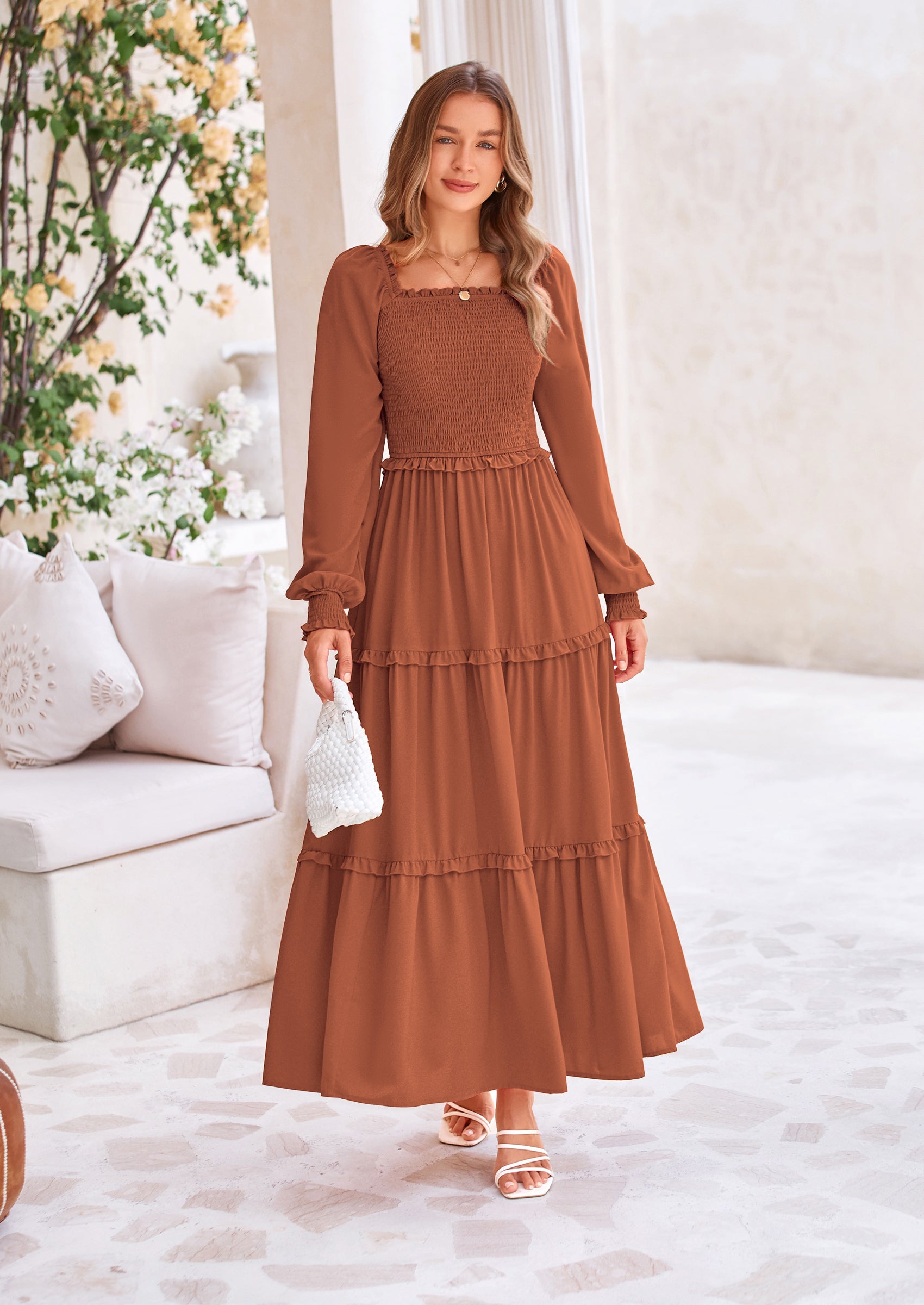 PRETTYGARDEN Fall Wedding Guest Dresses for Women Long Sleeve Square Neck Tiered A Line Modest Elegant Flowy Dresses