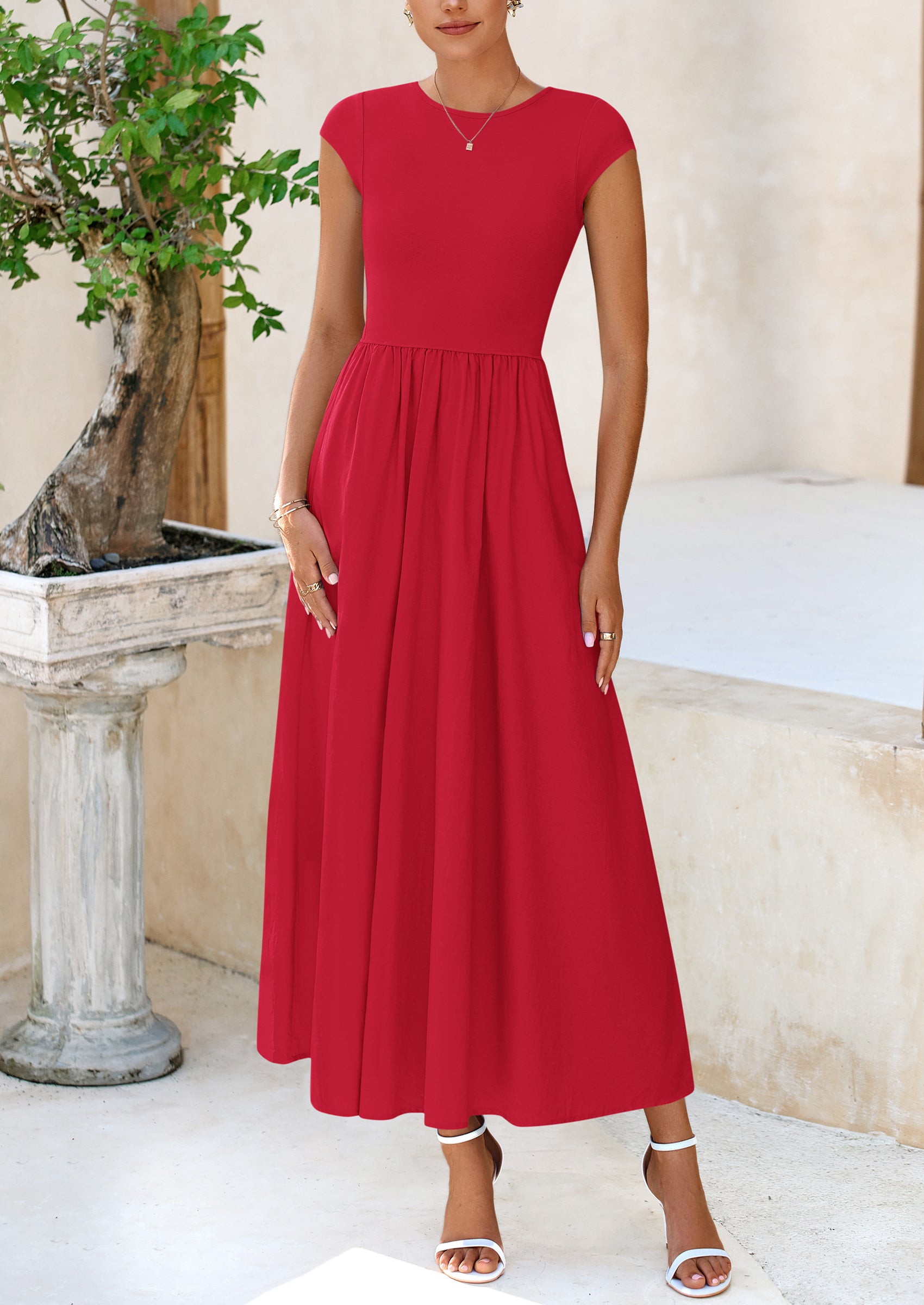 PRETTYGARDEN Women's Casual Long Dresses Cap Sleeve Patchwork A Line Flowy Modest Elegant Homecoming Maxi Dress