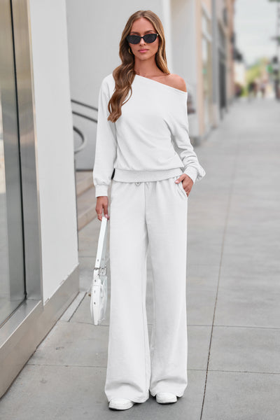 PRETTYGARDEN Womens 2 Piece Casual Matching Lounge Sets  Fashion Off the Shoulder Sweatshirt, Wide Leg Pants with Pockets, Comfy Airport Travel Outfit, 2026 Trendy Fall Set
