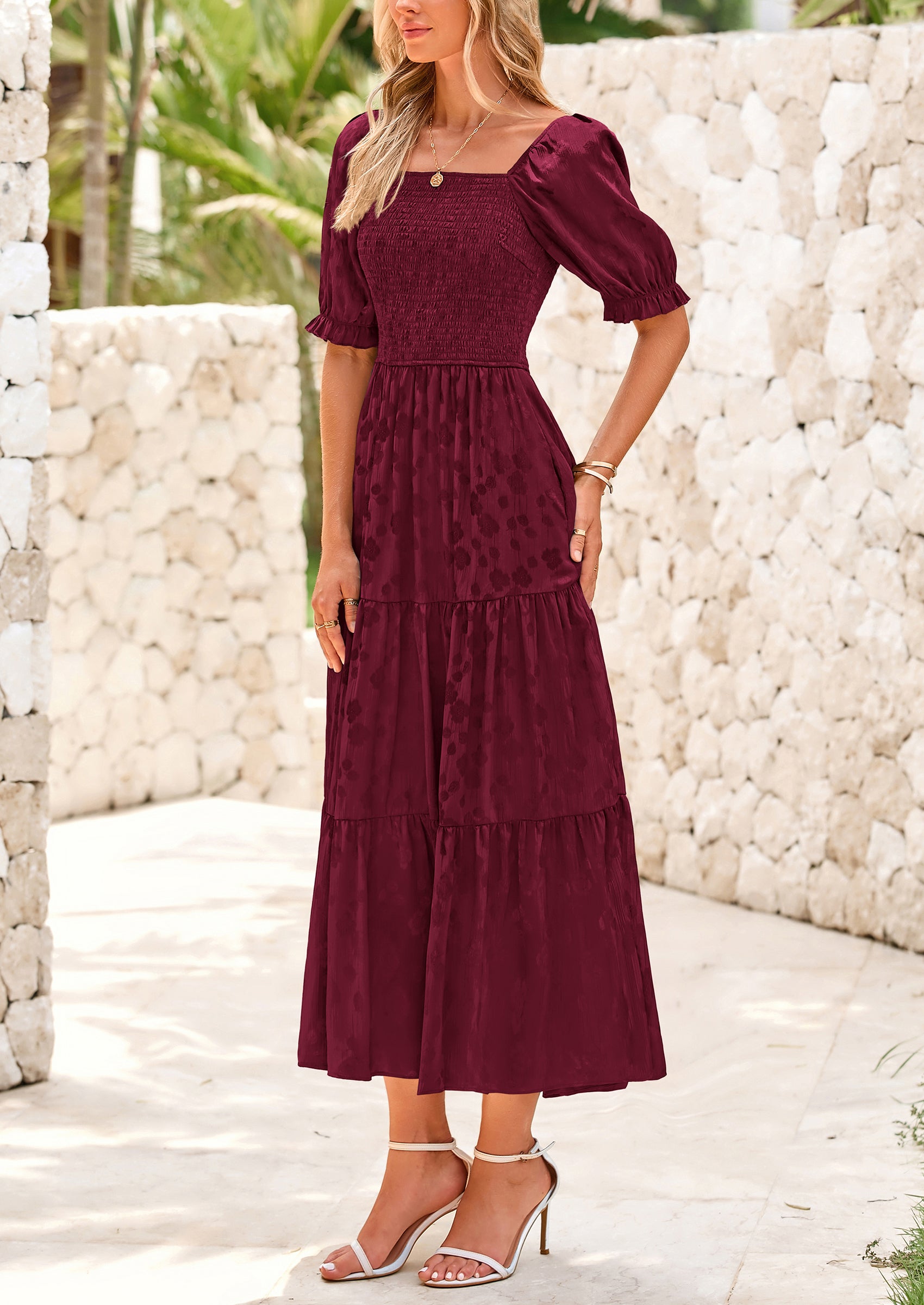 PRETTYGARDEN Women's Casual Midi Dresses Square Neck Short Sleeve Smocked A Line Floral Flowy Elegant Boho Dress