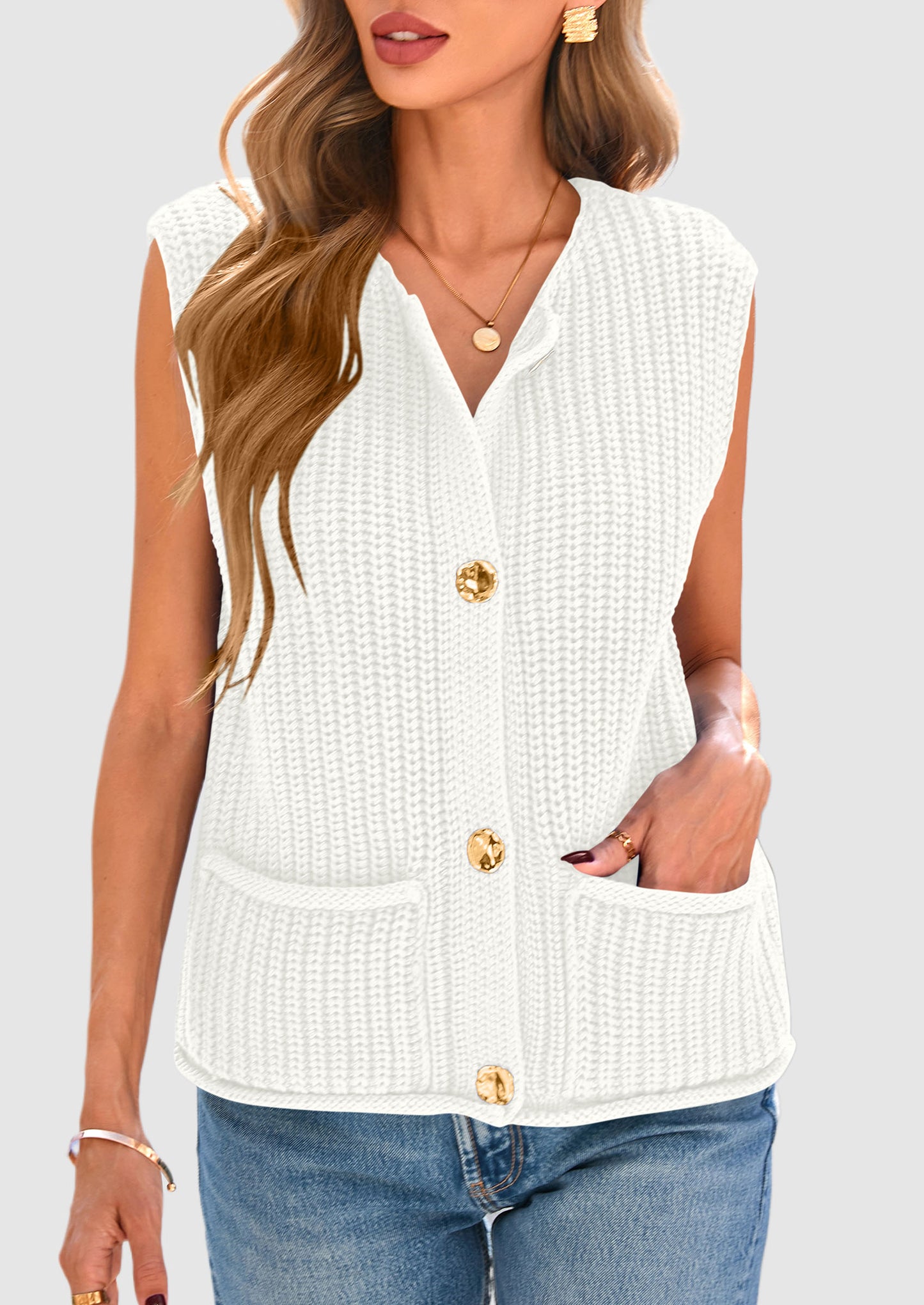 Women's Sweaters Vest 2025 Sleeveless Button Down Cropped Chunky Knit Cardigan Trendy Tank Tops with Pockets