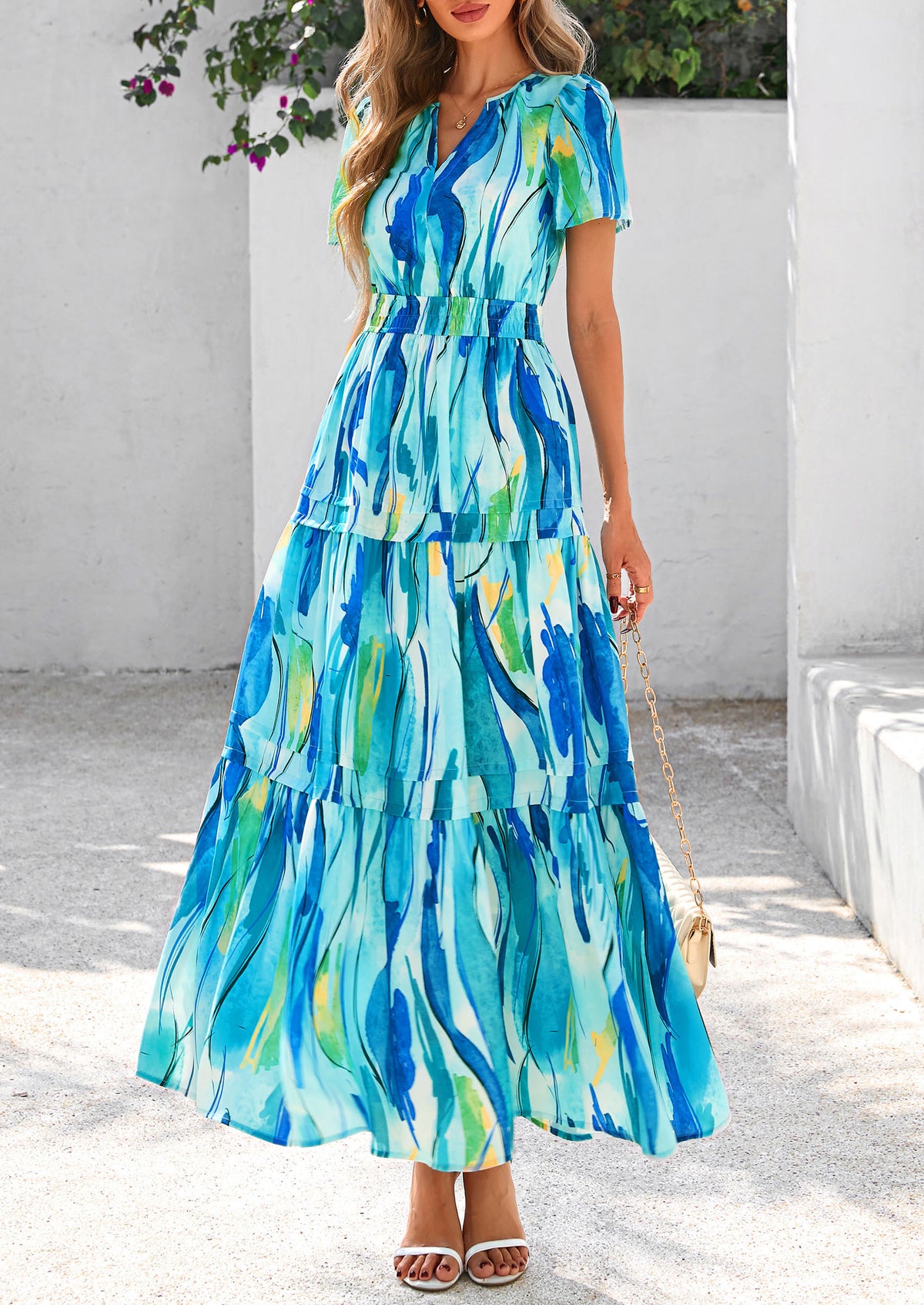 Summer Boho Floral Short Sleeve V Neck A Line Tiered Ruffle Flowy Long Beach Vacation Maxi Dresses