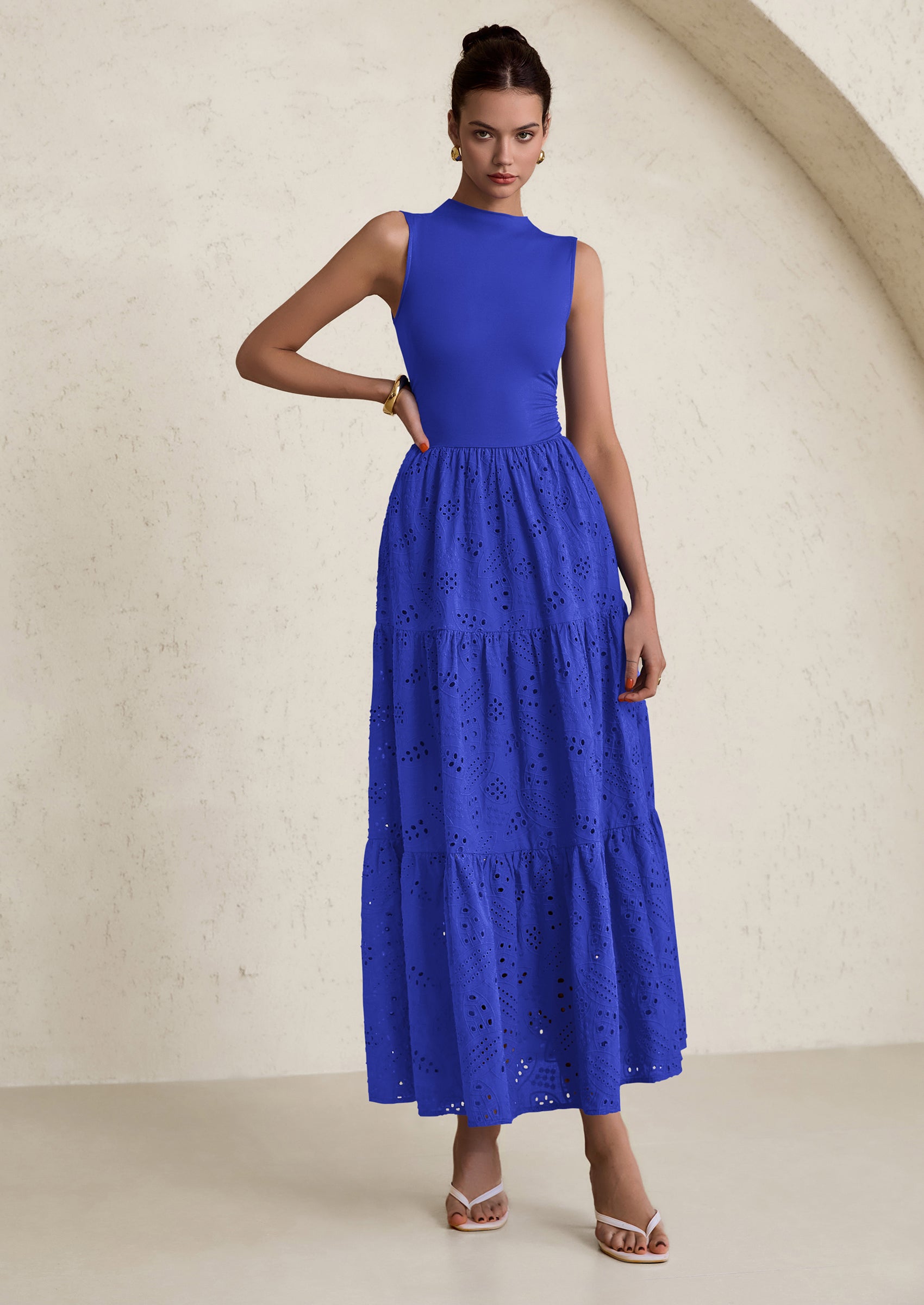 PRETTYGARDEN Dresses for Women Casual Eyelet Sleeveless Wedding Guest Maxi Dress Tank Top Sundress with Pockets