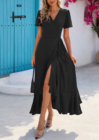 PRETTYGARDEN Women's Summer Maxi Dress Casual Wrap Floral Boho Short Sleeve V Neck Split Ruffle Beach Long Dresses