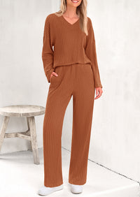 PRETTYGARDEN Women's 2 Piece Lounge Sets Ribbed Knit Long Sleeve V Neck Pullover Tops Wide Leg Pants Spring Fall Outfits