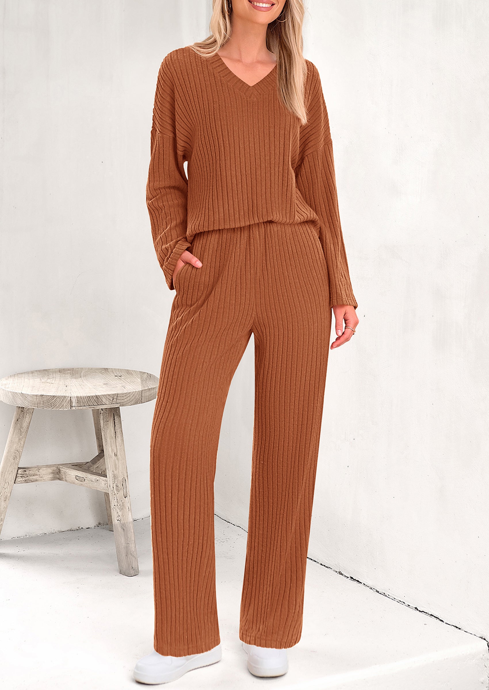 PRETTYGARDEN Women's 2 Piece Lounge Sets Ribbed Knit Long Sleeve V Neck Pullover Tops Wide Leg Pants Spring Fall Outfits