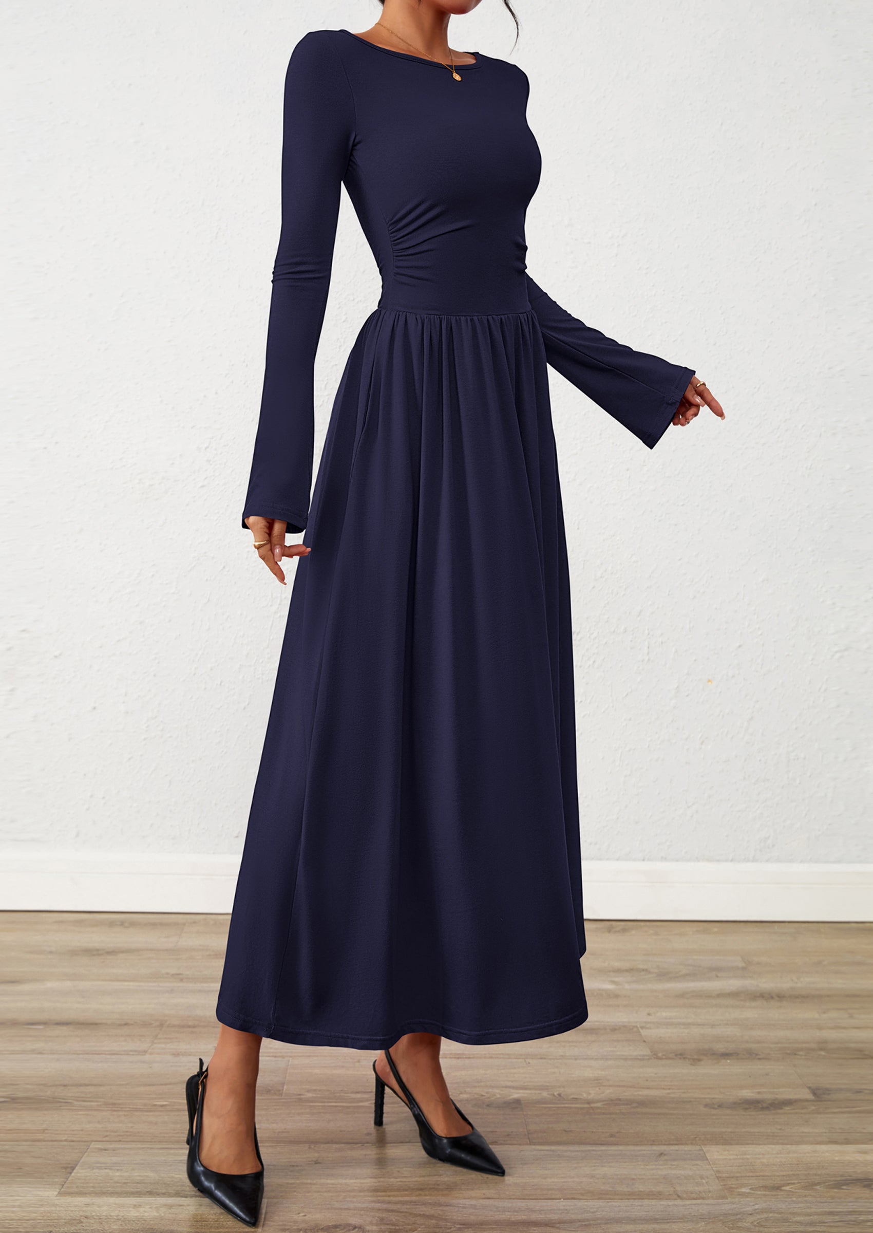 BTFBM Long Sleeve Maxi Dresses for Women Fall Casual Ruched Boat Neck Flowy Elegant Formal Wedding Guest Dress