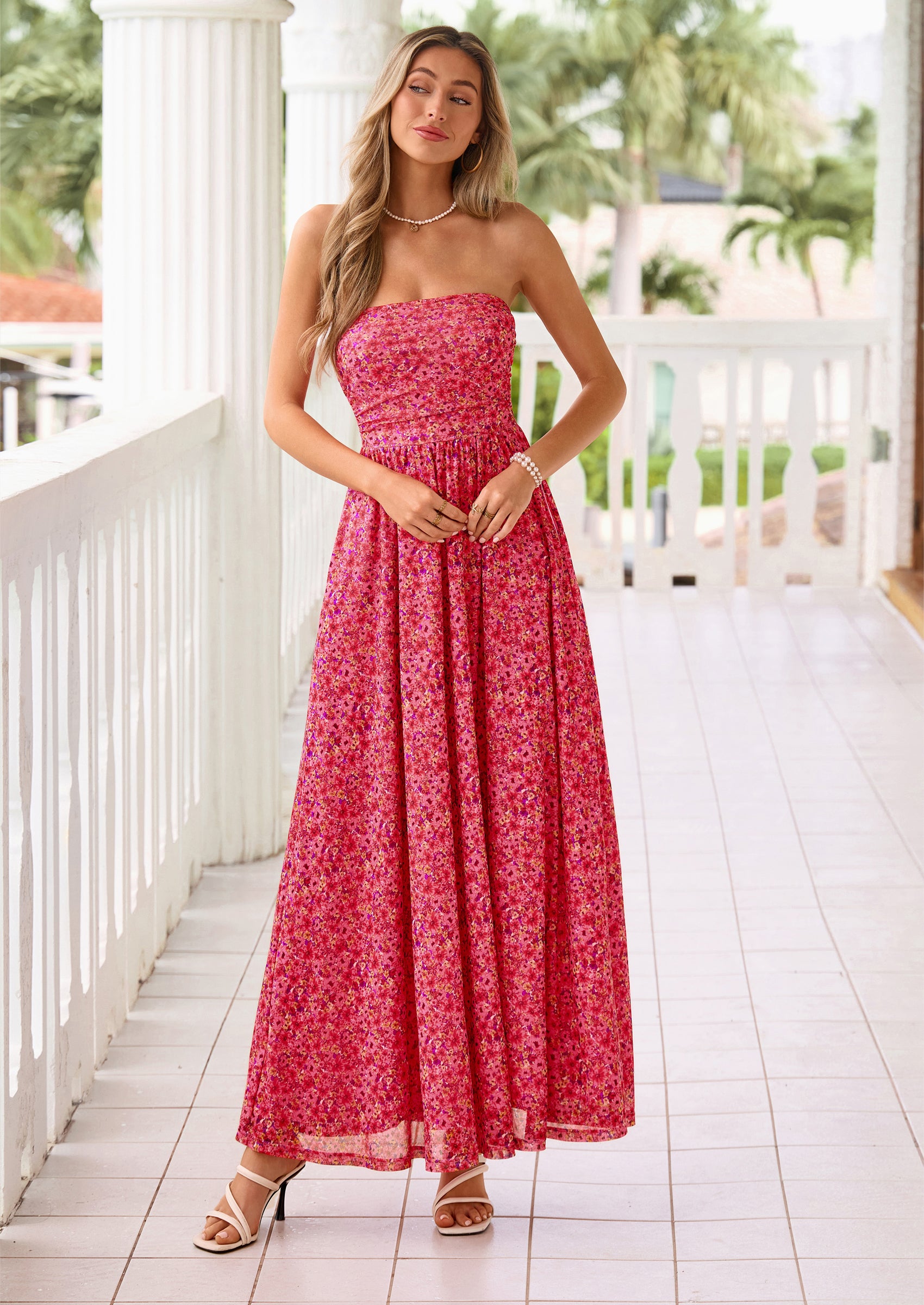 PRETTYGARDEN Womens Boho Maxi Dress Summer Floral Tube Strapless Spring Wedding Guest Cocktail Long Dresses