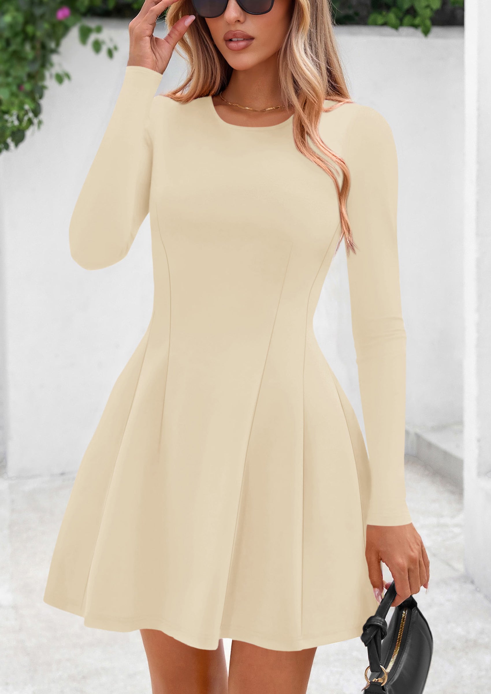 PRETTYGARDEN Long Sleeve Mini Dress for Women Fall Crewneck Knit Pleated Babydoll A Line Soft Casual Short Party Dresses