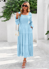 PRETTYGARDEN Fall Wedding Guest Dresses for Women Floral Long Sleeve Smocked Tiered Elegant Long Flowy Boho Dress